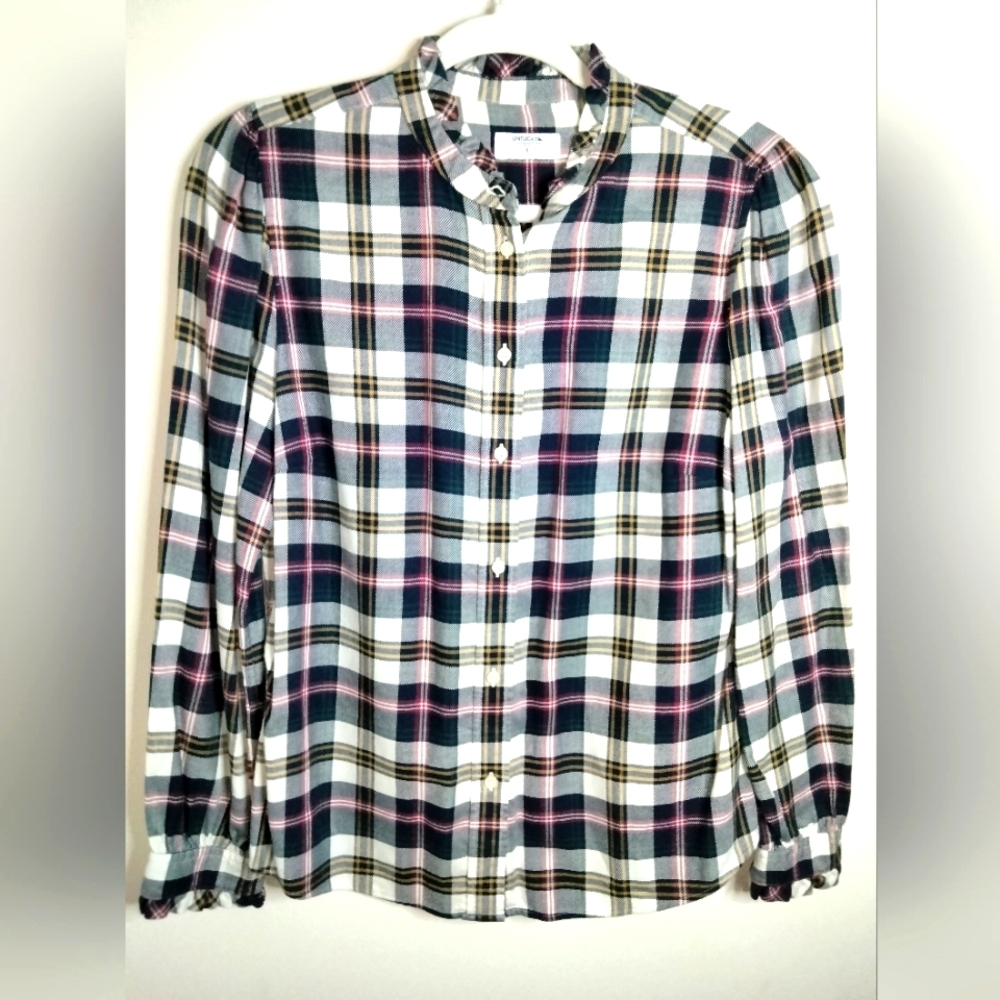 UNTUCKit (Size 8) Multicolored Plaid Ruffle Trim Paige Button-Up LS Shirt